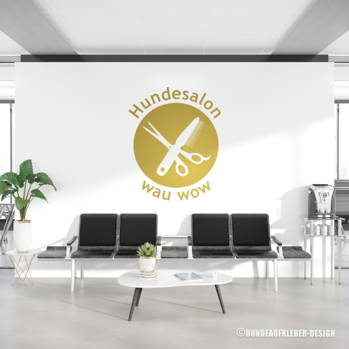 Hundefriseur Logo "Kamm & Schere"  Wandtattoo in gold-metallic