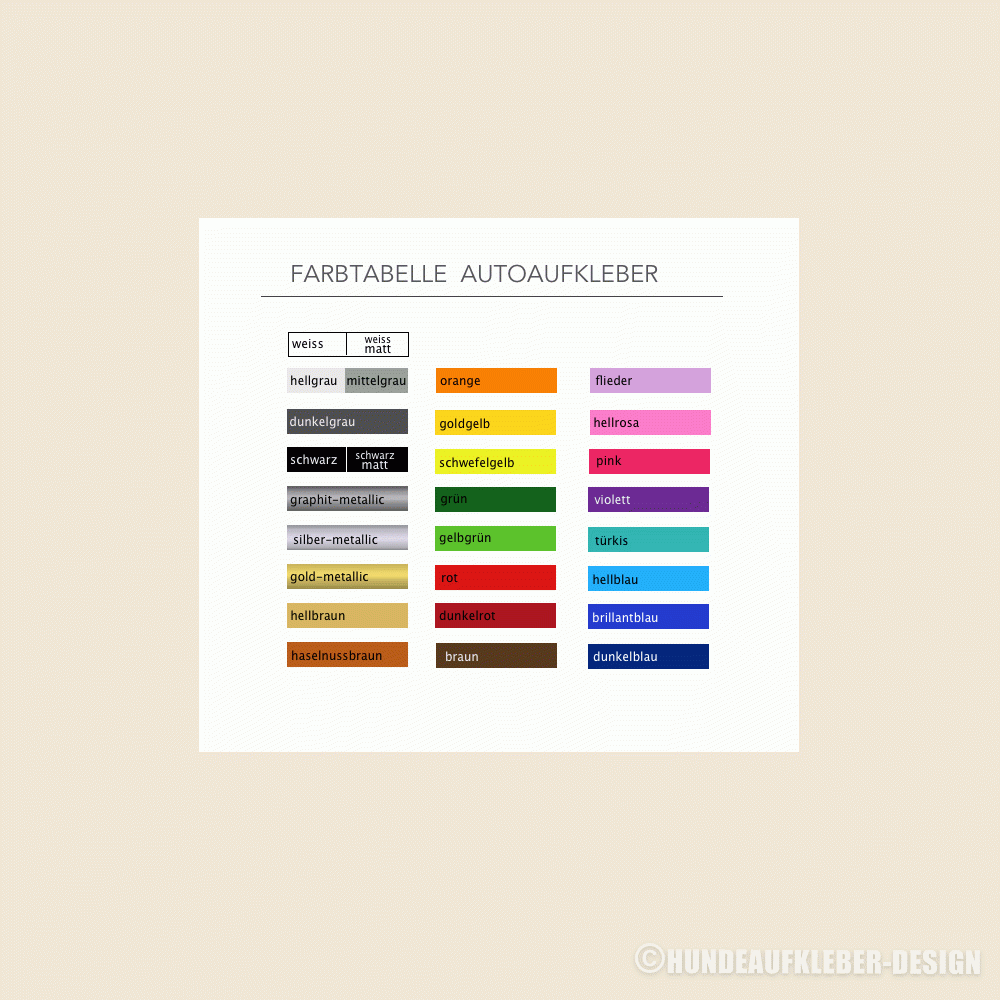 Hundeaufkleber Farbtabelle KFZ