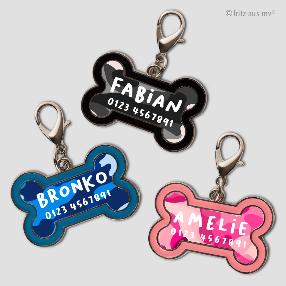 Personalisierte Hundemarke in rosa, blau oder schwarz Camouflage